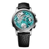 The Lavish Attic Jean-Marc Fleury FXR-4 chronograph with a turquoise openwork dial, titanium case, and leather strap.