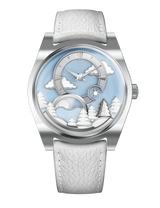 The Lavish Attic Emmanuel Bouchet Source Aleph Day watch with a light blue dial, white leather strap, and silver case