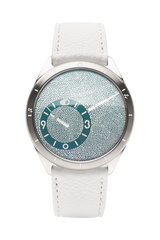 The Lavish Attic Ressence Type 9 JWE watch featuring an emerald green labyrinth dial and white leather strap.